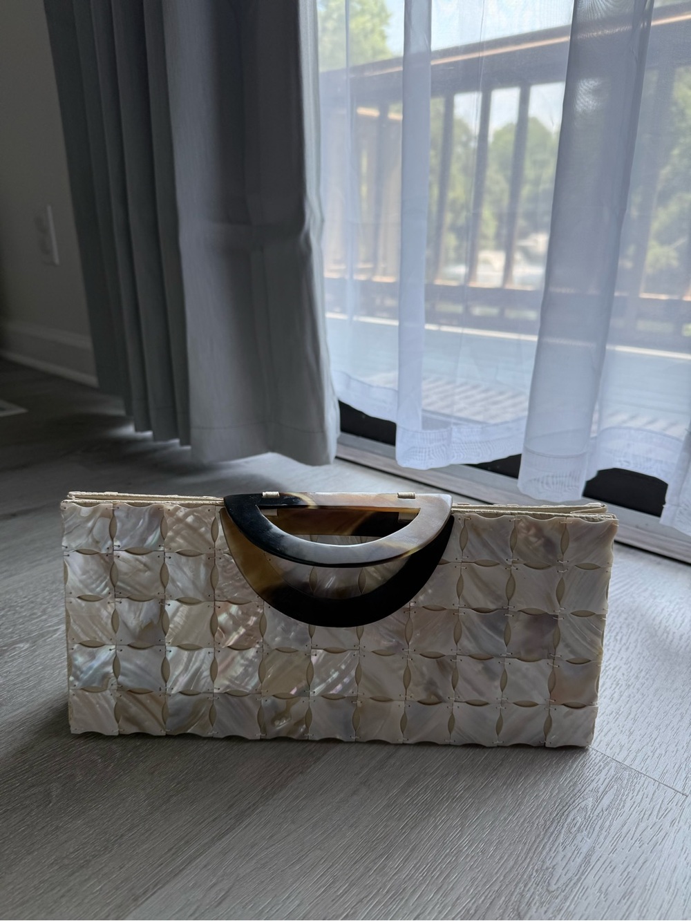 Pearlescent Mosaic Clutch Handbag with Dark Brown Accent Handle